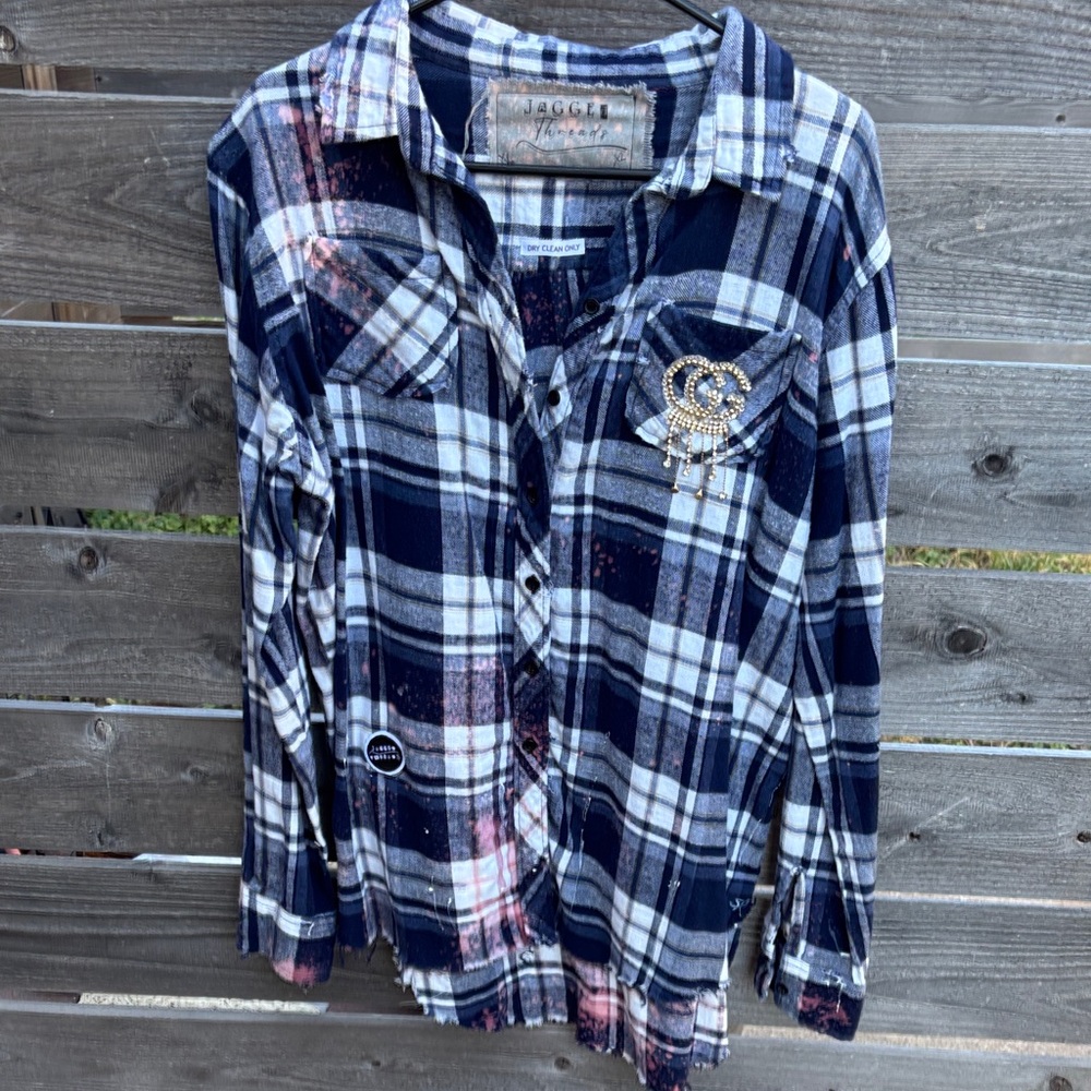 Repurposed and distressed flannel shirt with Embellishment by “Jagged Threads”